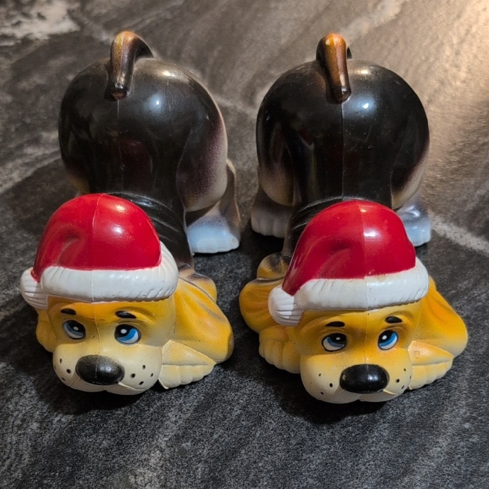 Vintage Lot Plastic Dog Figurines with Santa Hats Christmas Ornament